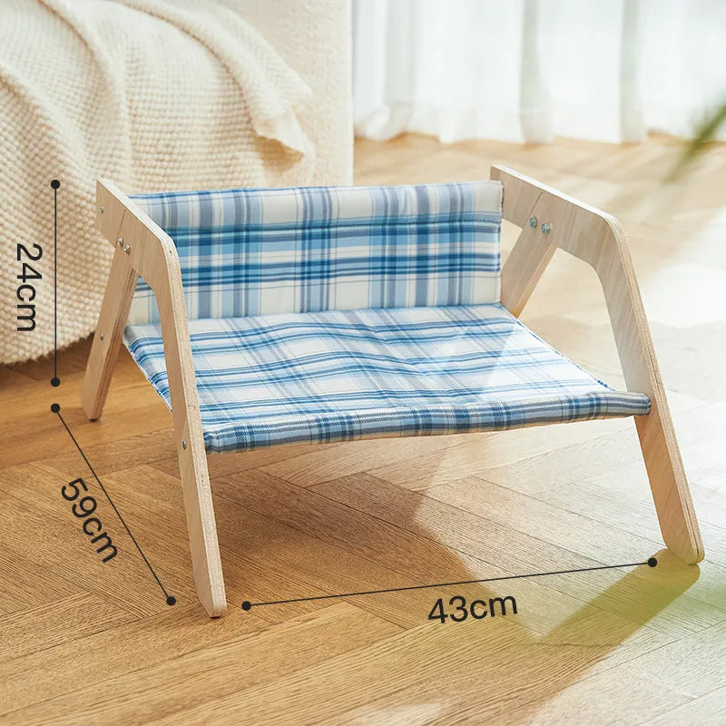 Wooden frame cat hammock bed with soft cloth seat in blue colour