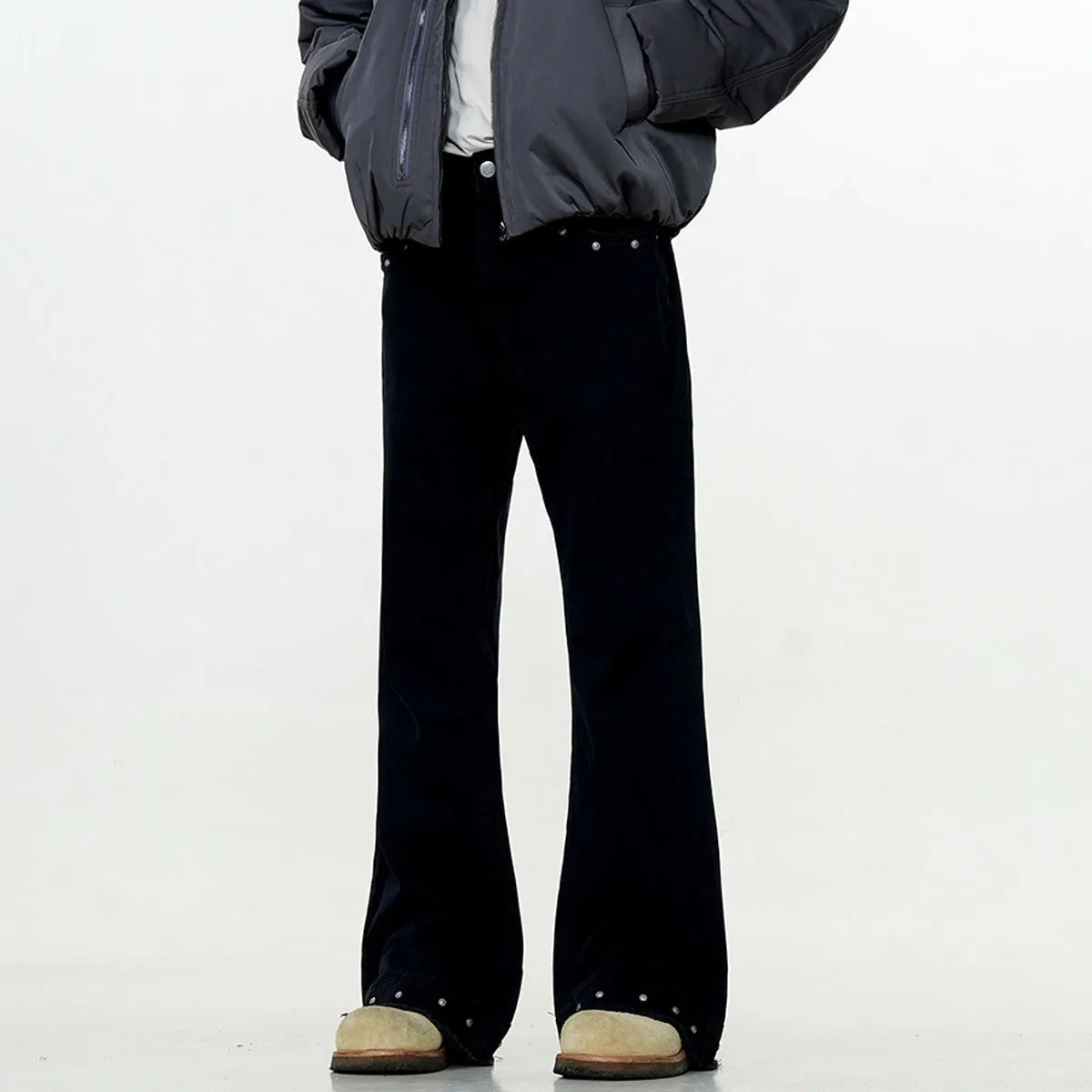 Black and grey green cotton retro skinny jeans with a straight leg and horn opening on a mid waist.