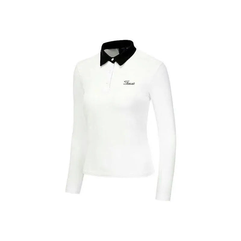 White women's long sleeve slim-fit polyester golf top for outdoor sports.