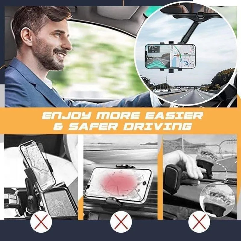 Black rearview mirror car phone holder showing 360° rotation and telescopic arm extended.