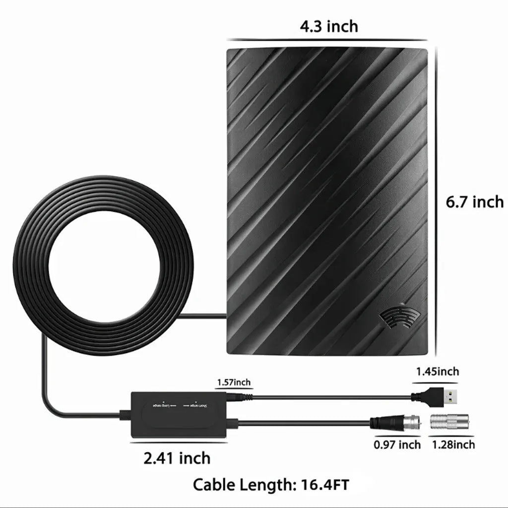 Black plastic indoor digital television antenna with mounting accessories on a white background.