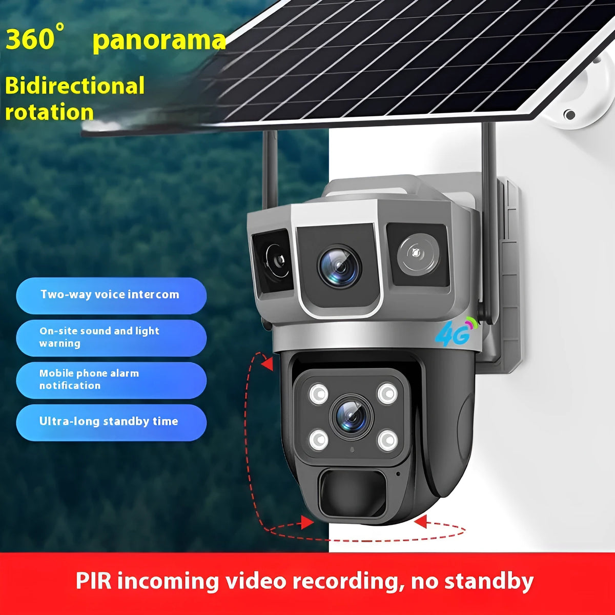 V380 outdoor security camera with solar panel, 4MP dual light full colour night vision, 349 by 210 by 233 mm