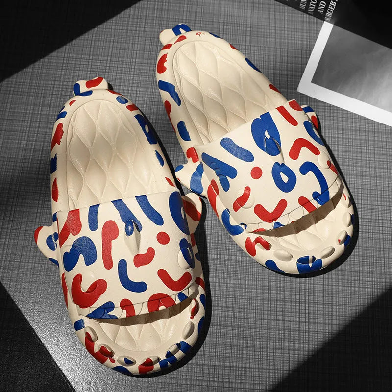 Shark-themed couple EVA slippers in open-toe style on a colour selection background.