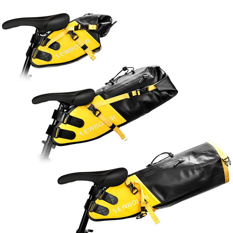 Yellow waterproof PVC bicycle tail bag mounted on a bike seat, showing its 58cm length and mounting straps.