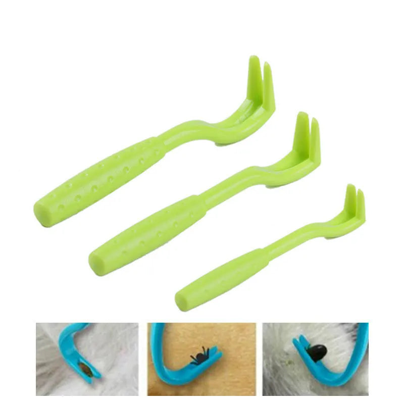 Three blue plastic tick removal hook clips for dogs and cats on a white background.
