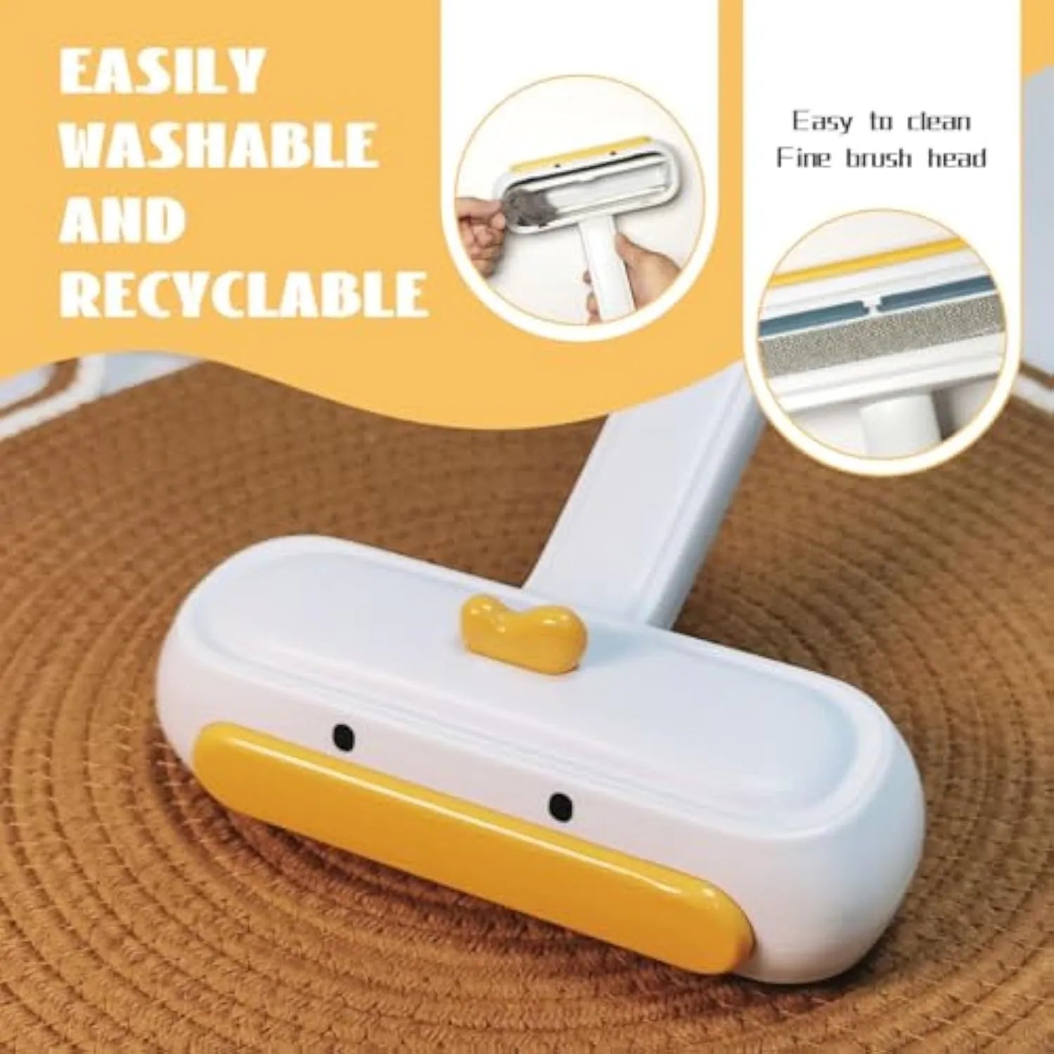 Portable pet hair remover with yellow duck design and removable lid on a fabric sofa.