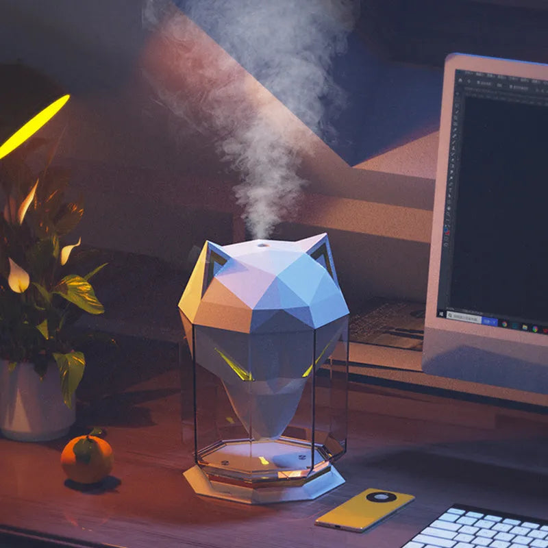 War Wolf black and white ultrasonic humidifier with colourful LED lights and USB cable
