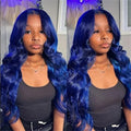 Women's dark blue wavy curly lace front wig with big wavy curls on a mannequin head