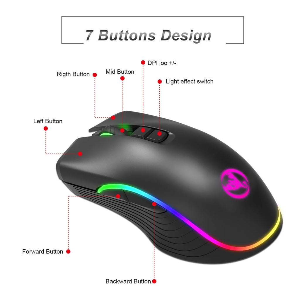 HXSJ black 2.4G wireless mouse with TYPE-C charging port and RGB lighting