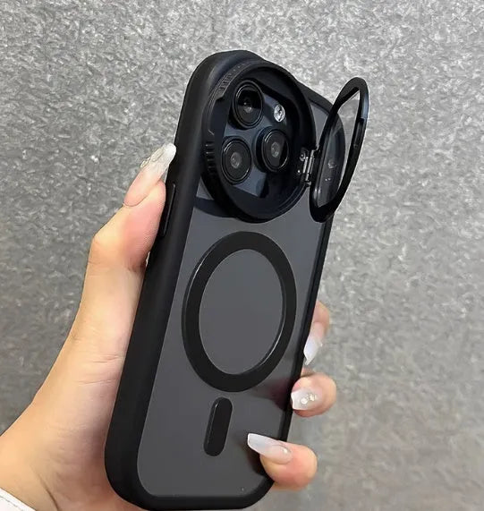 iPhone case with acrylic back, silica gel edge, lens film bracket, and hand rope in black