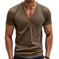 Men's loose fit V-neck T-shirt with button detail in chemical fibre blend fabric