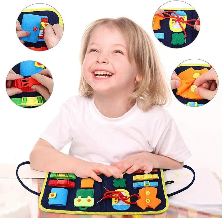 Soft felt busy board for toddlers with dressing and buttoning activities, foldable design, colourful style