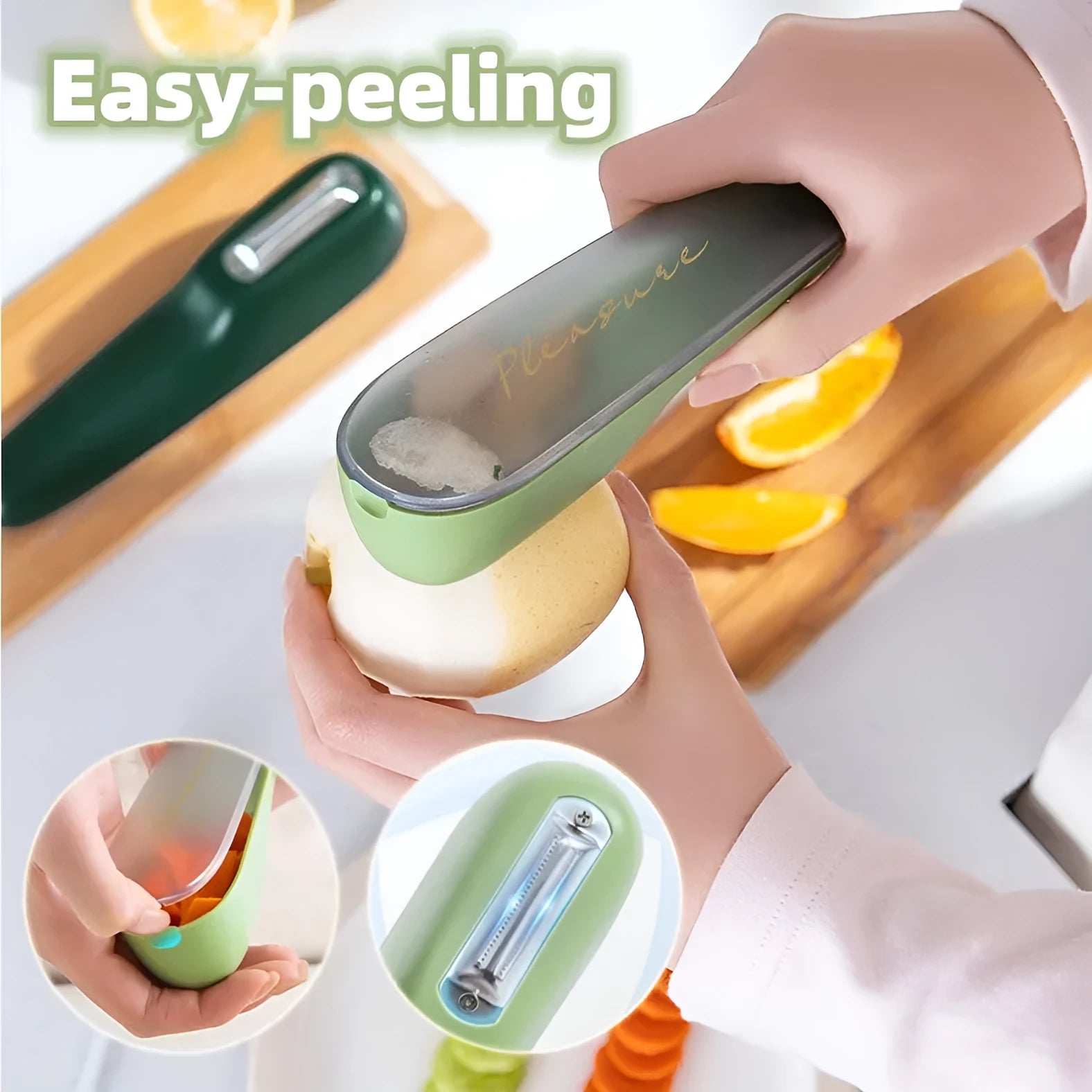 Dark green kitchen peeler with storage tube and stainless steel blade on a kitchen counter.