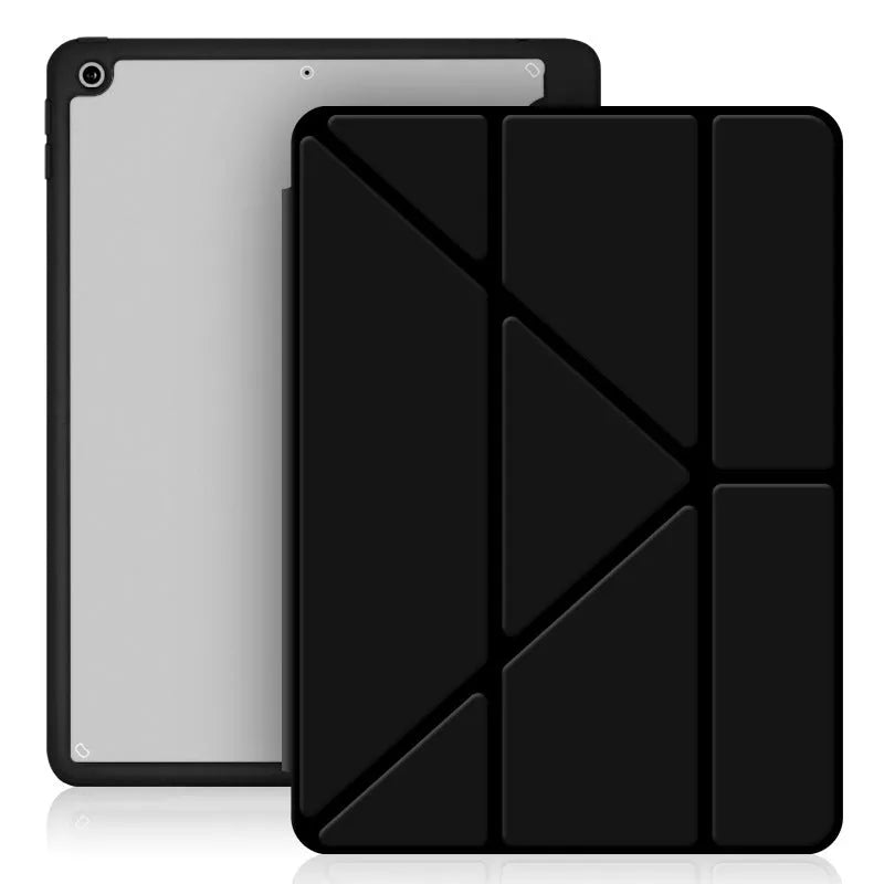 Acrylic Y-folding protective case for iPad with integrated pen slot, shown in dark grey.