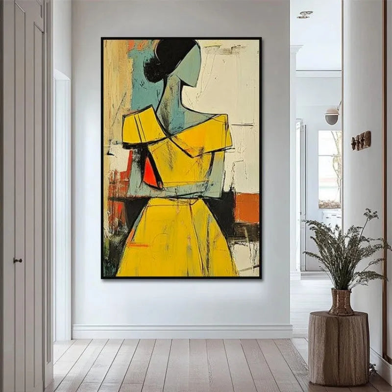 Hand-painted abstract people oil painting in brown and yellow tones on canvas, vintage wabi sabi style