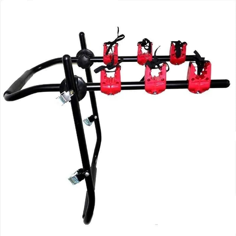 Black and red trunk-mounted car bicycle rack with adjustable straps and foam padding.