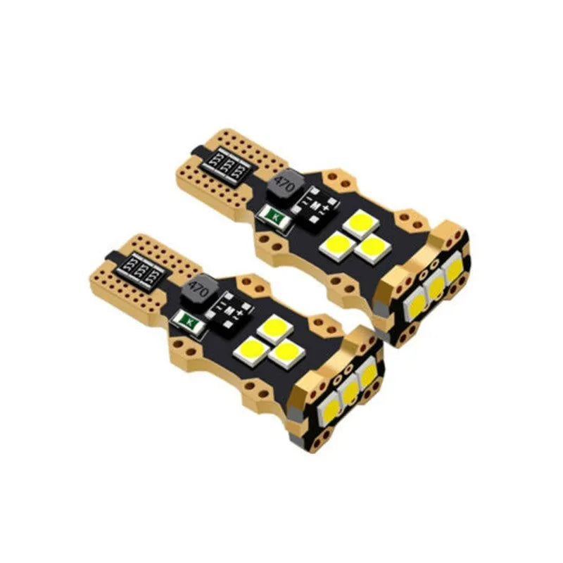Single T15 white automotive reverse light bulb with PVC housing.
