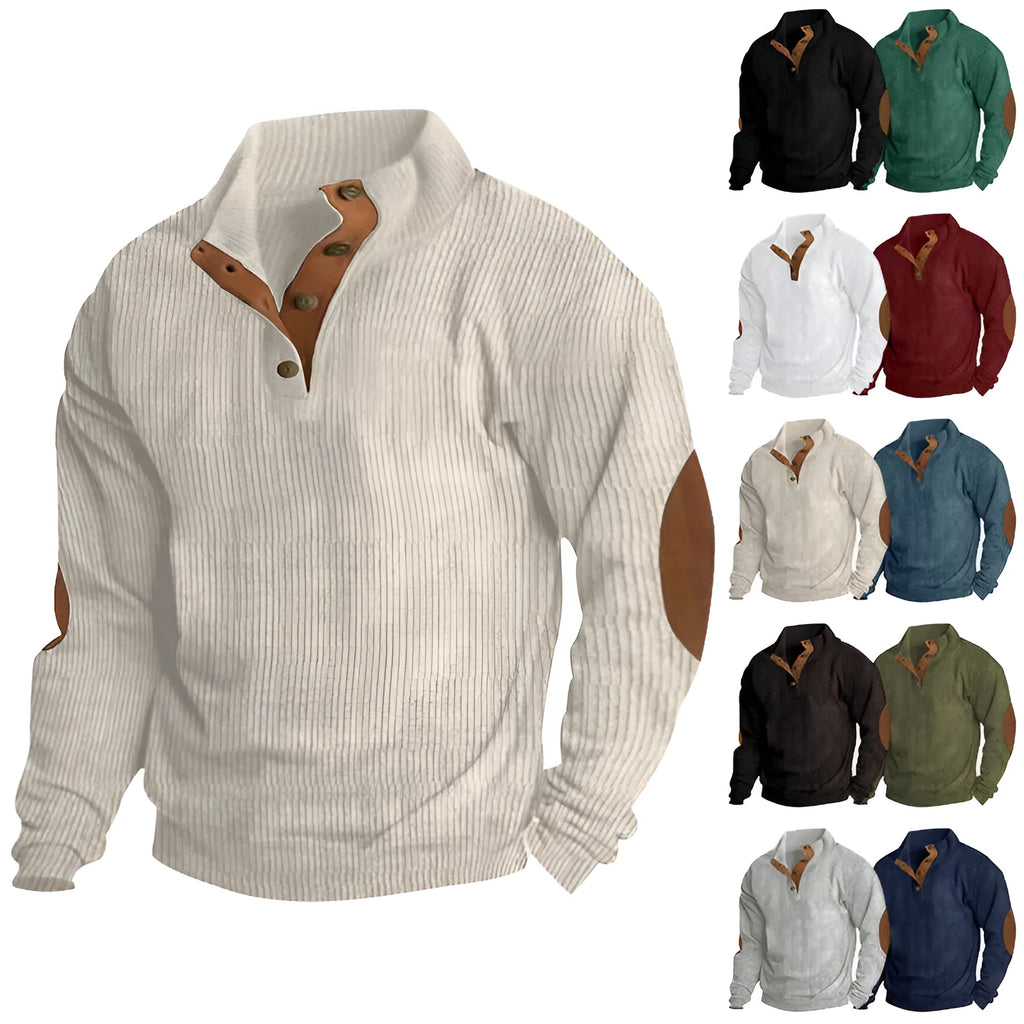 Men's casual stand-collar long sleeve pullover sweatshirt in solid colour with striped design, loose fit polyester top