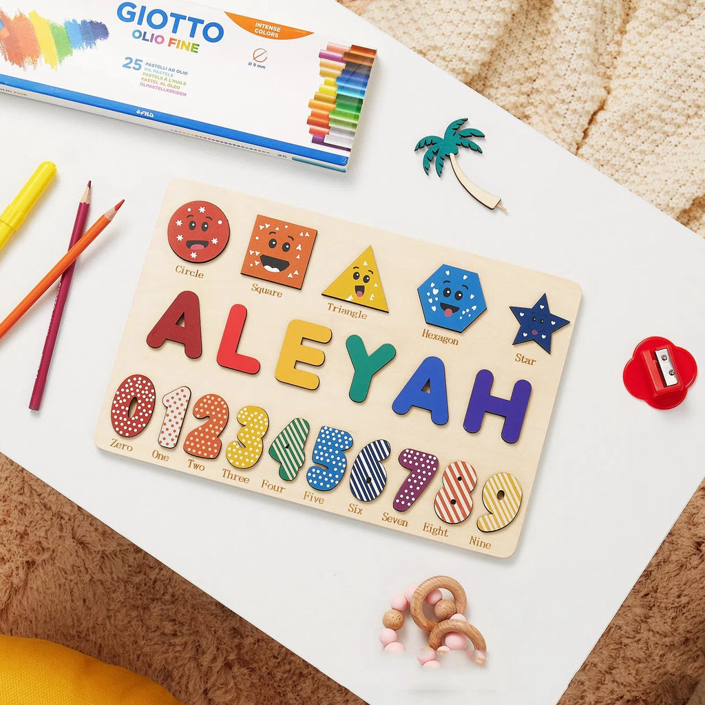 Wooden digital shape recognition puzzle board with hand-holding pieces for infants, 30x20cm to 38x20cm