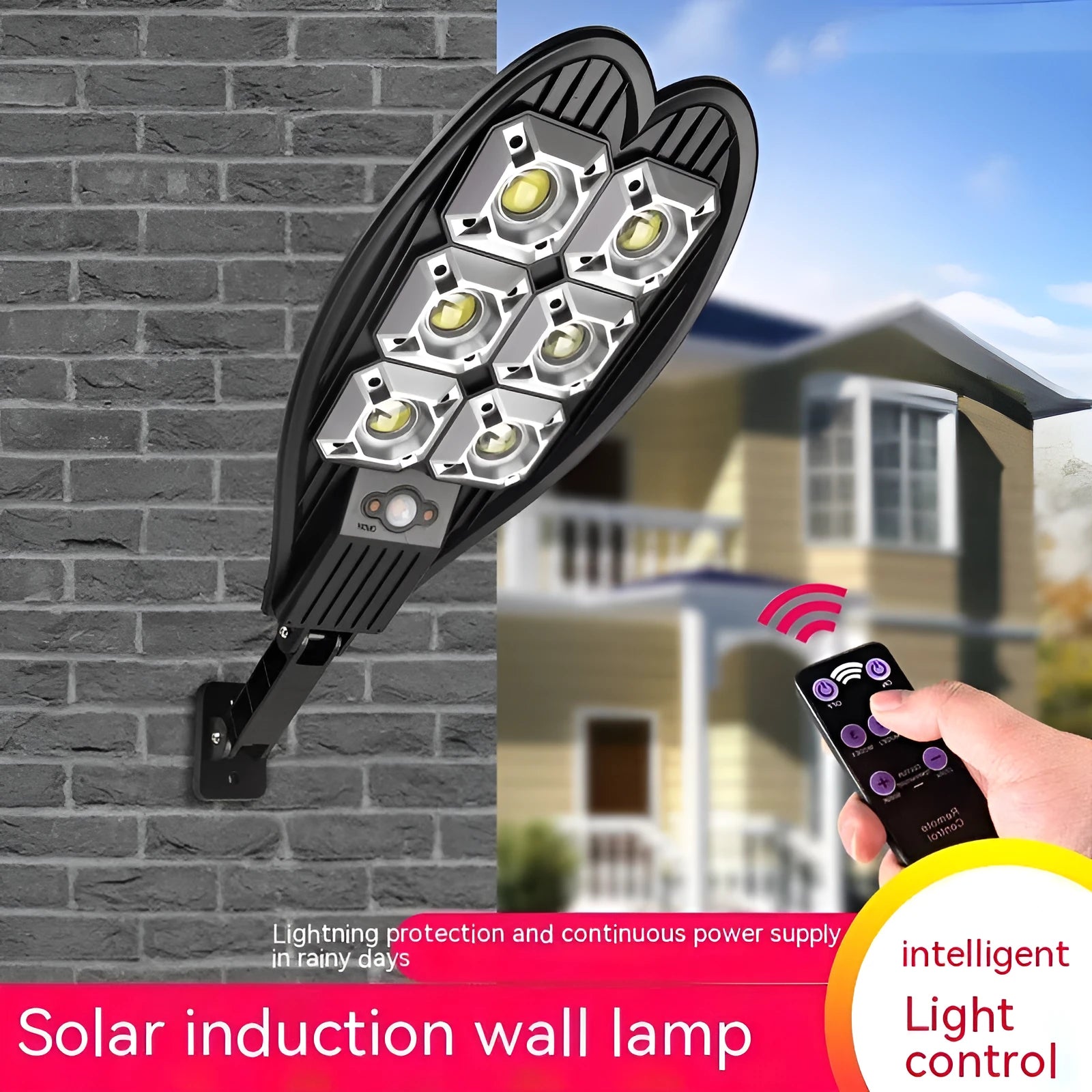 Outdoor solar garden lamp with 6-eye sword design and remote control on a grassy pathway.