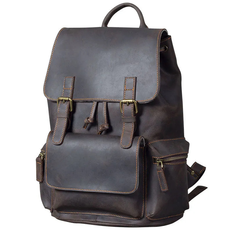 Brown retro crazy horse leather backpack with double shoulder straps and denim interior