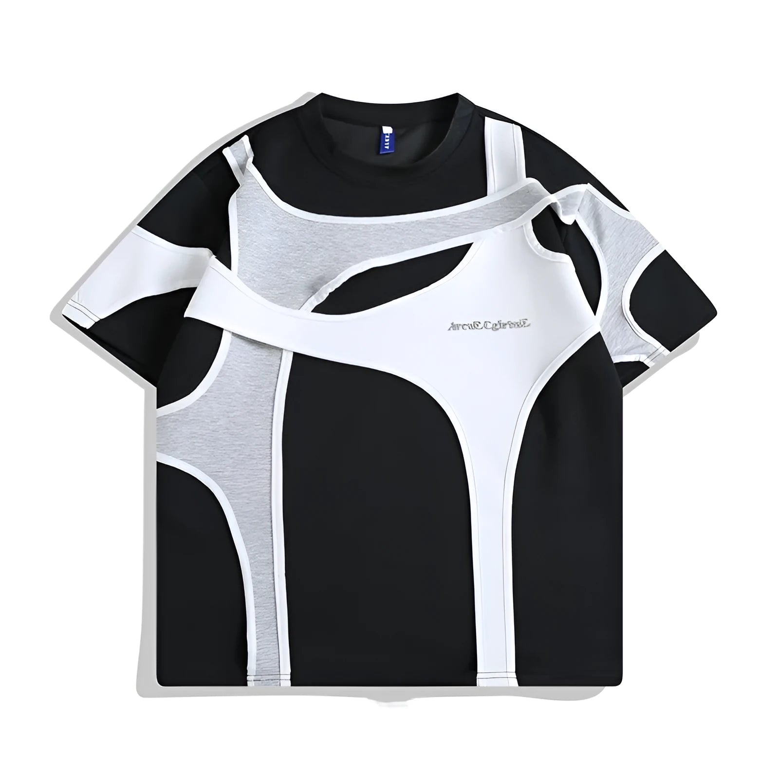 Black men's loose T-shirt with a padded shoulder strap detail and double stitching.