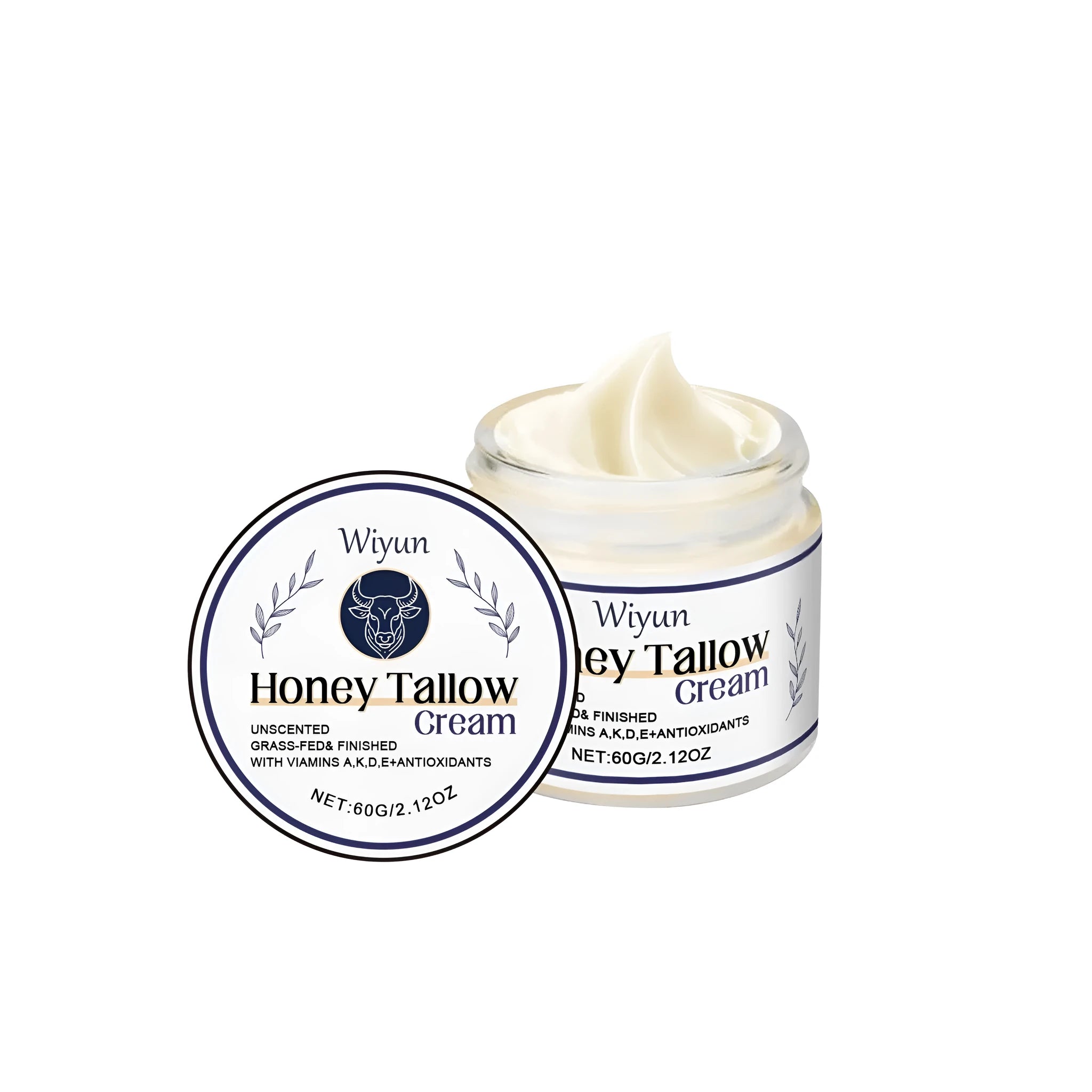 60g glass jar of cow fat moisturising cream with glycerin and honey.