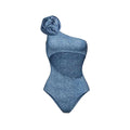 Women's one-shoulder floral one-piece swimsuit with a hollow back, shown in available colours.