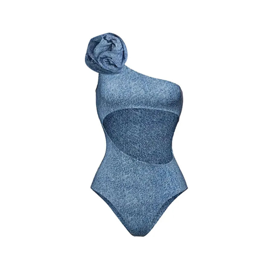 Women's one-shoulder floral one-piece swimsuit with a hollow back, shown in available colours.