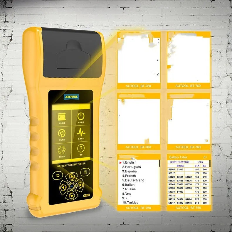 Autool BT760 vehicle battery tester with colour screen and attached battery clips on a workbench