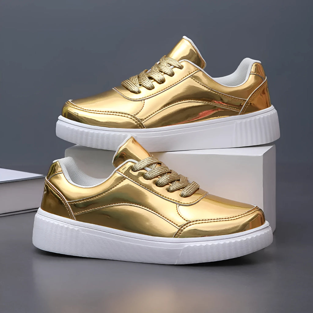 Rose gold sequin platform sneakers with round toe and thick MD sole on size label background