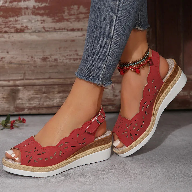 Women's fish-mouth wedge sandals in black with hollow buckle detail and thick PU sole