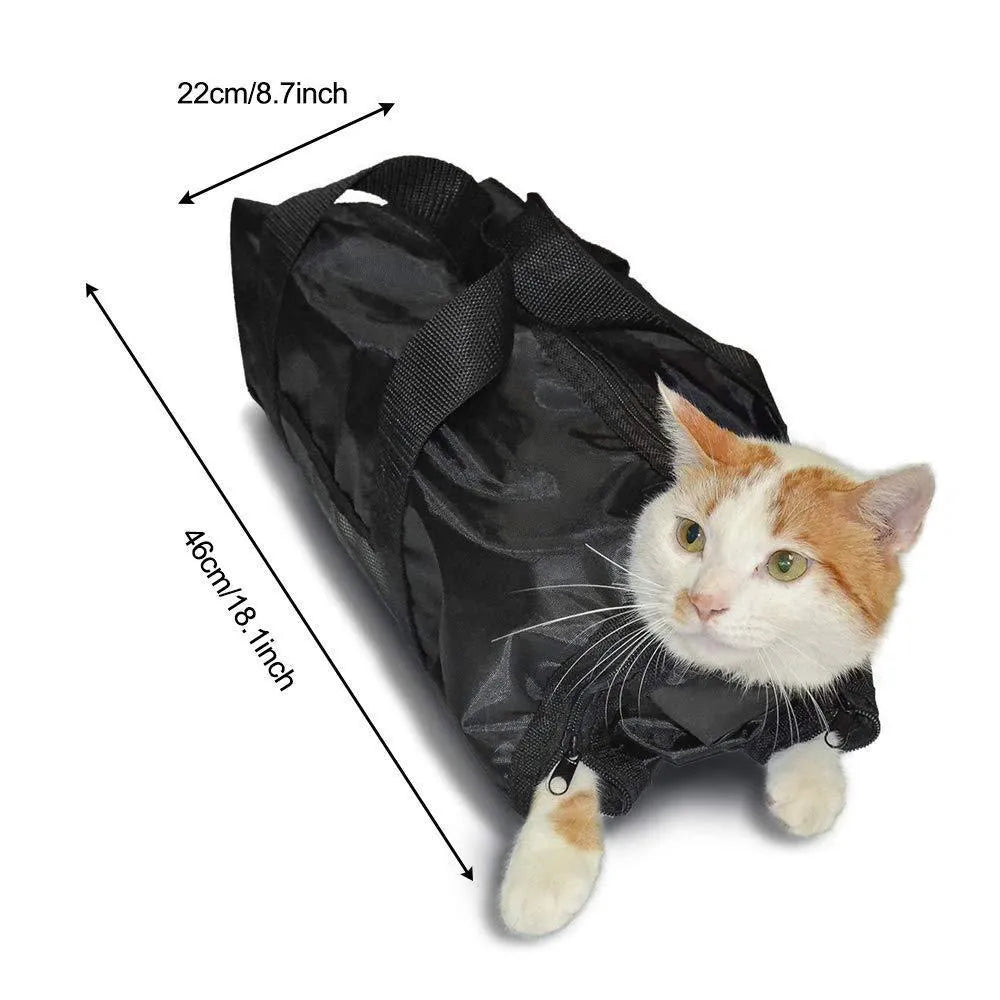 Black cat bath bag folded to show compact 10x10x3cm storage size