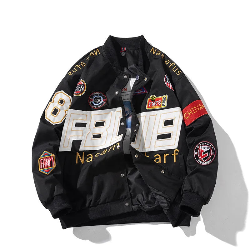 American motorcycle baseball uniform jacket with removable hood options in black red blue colours