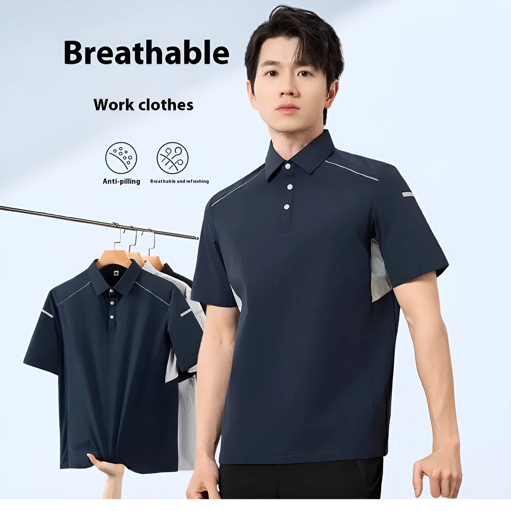Man wearing a classic black short sleeve casual shirt made from quick-dry nylon spandex fabric.