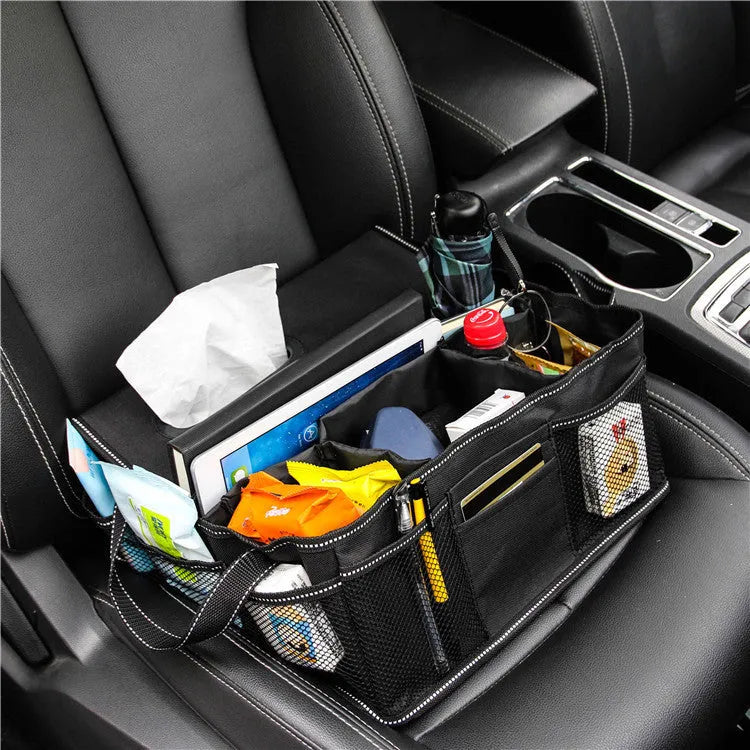 Black collapsible Oxford cloth car boot storage box showing dimensions