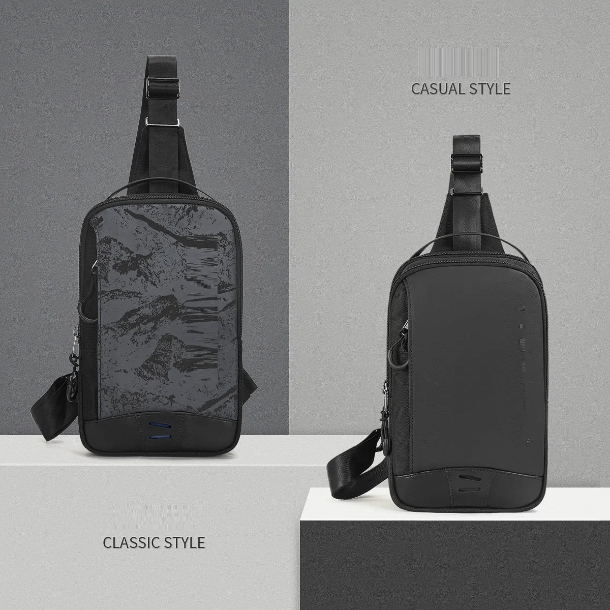 Casual black TPU camouflage chest bag with a single shoulder strap and soft handle, showing a square vertical shape and outer sandwich pocket.