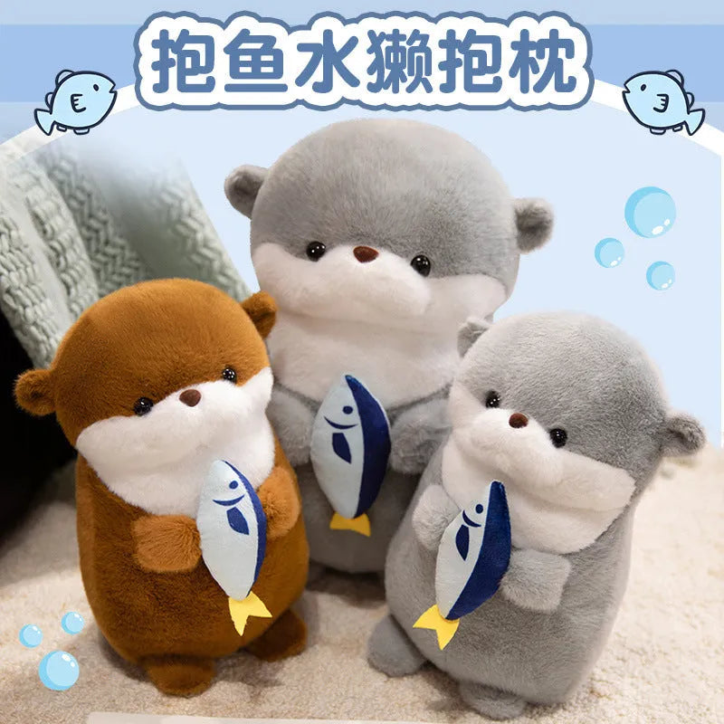 Brown small otter plush doll holding a fish, 30cm height, short plush fabric