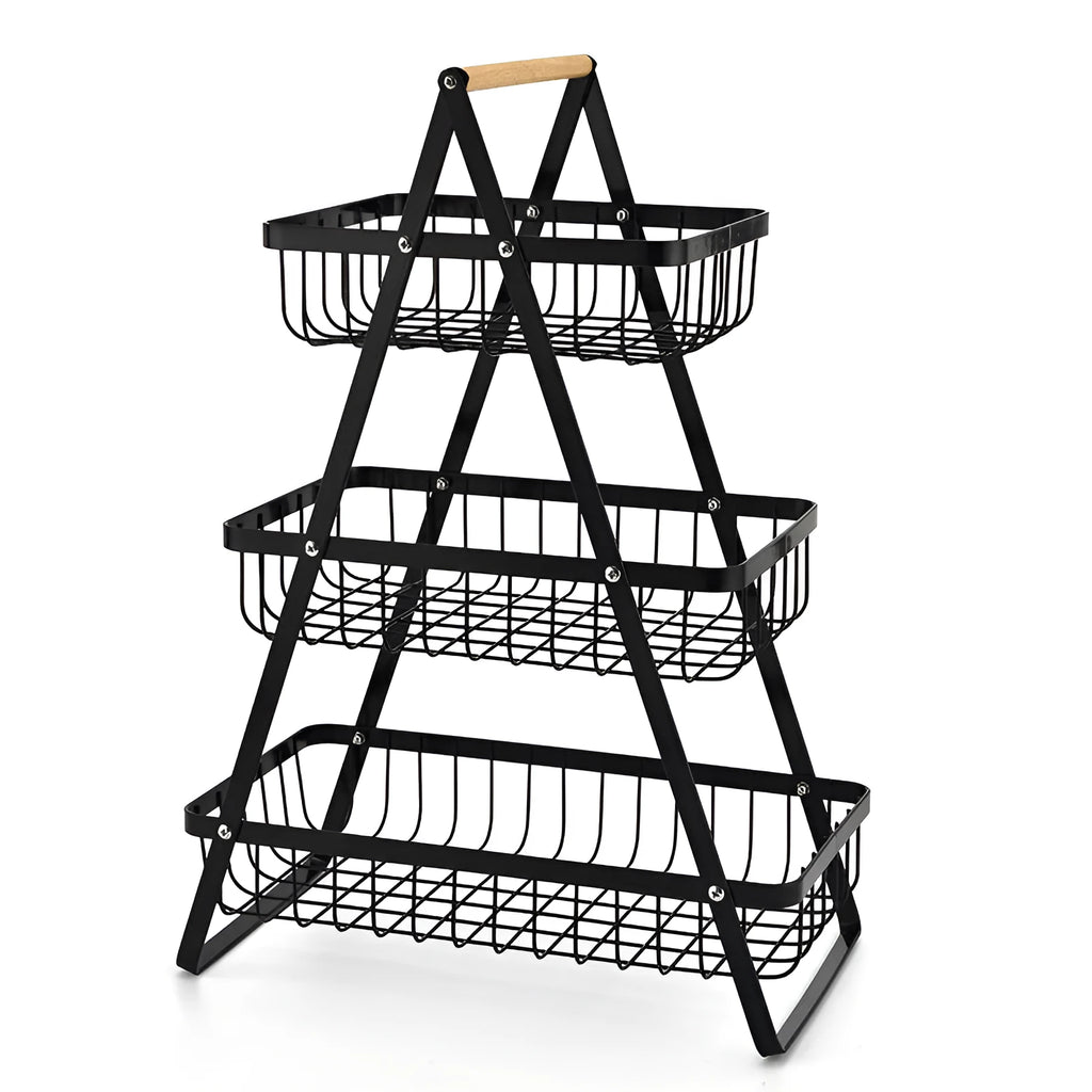 Black detachable iron double-layer fruit basket with a wooden carry handle on a tabletop.