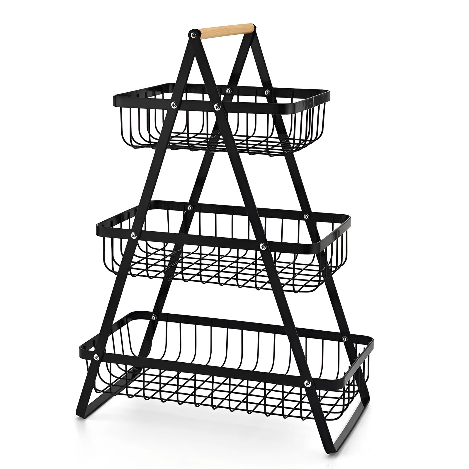 Black detachable iron double-layer fruit basket with a wooden carry handle on a tabletop.