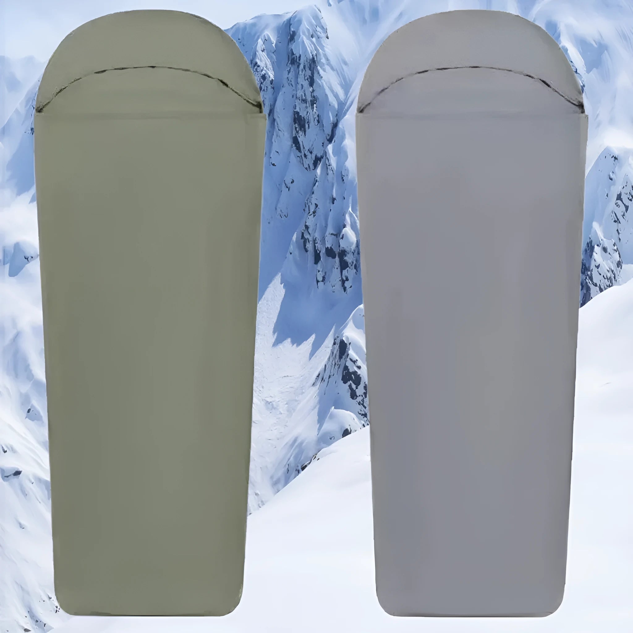 Blue mummy-style nylon camping sleeping bag unrolled, showing tapered shape and stuff sack.