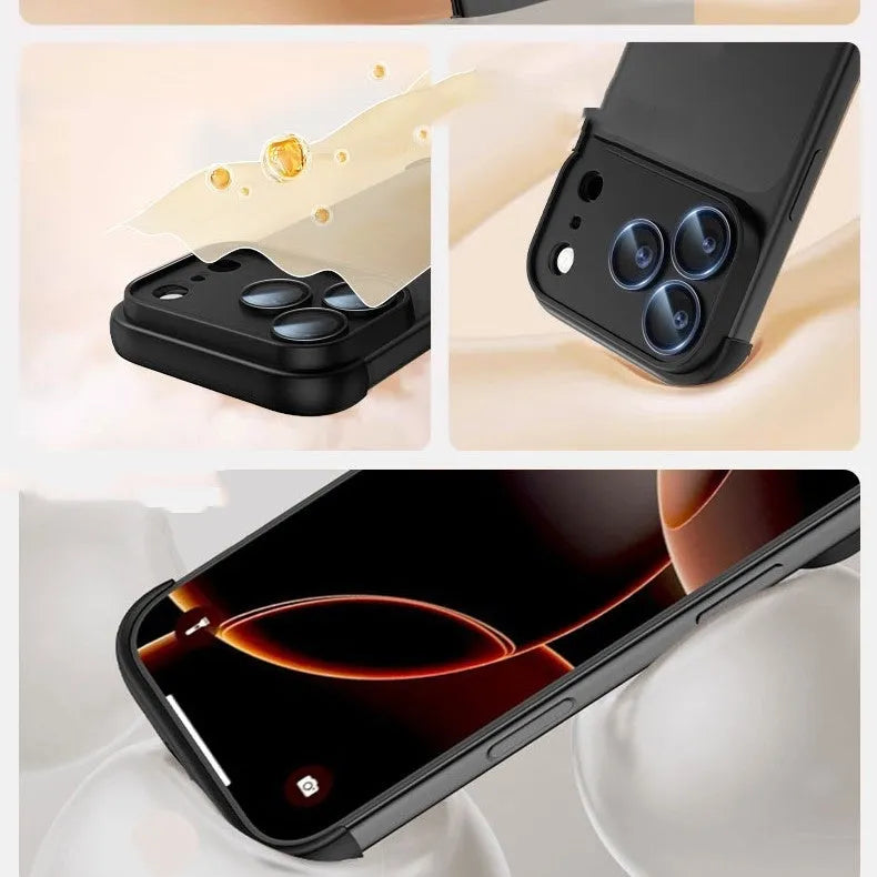 iPhone 17 phone case in simple shell design showing four colour options: black, orange, grey, and desert