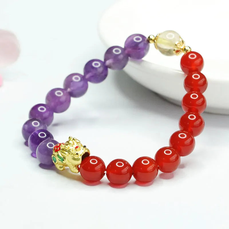 Amethyst red agate bracelet with 8mm Chinese-style beads on wrist