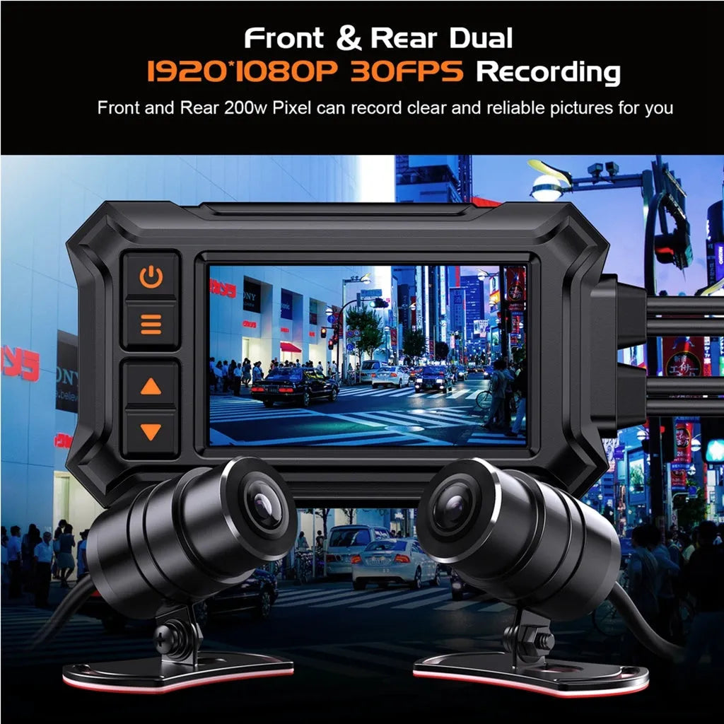 Motorcycle dashcam system with front and rear cameras, 3-inch display, GPS module, and installation cables.