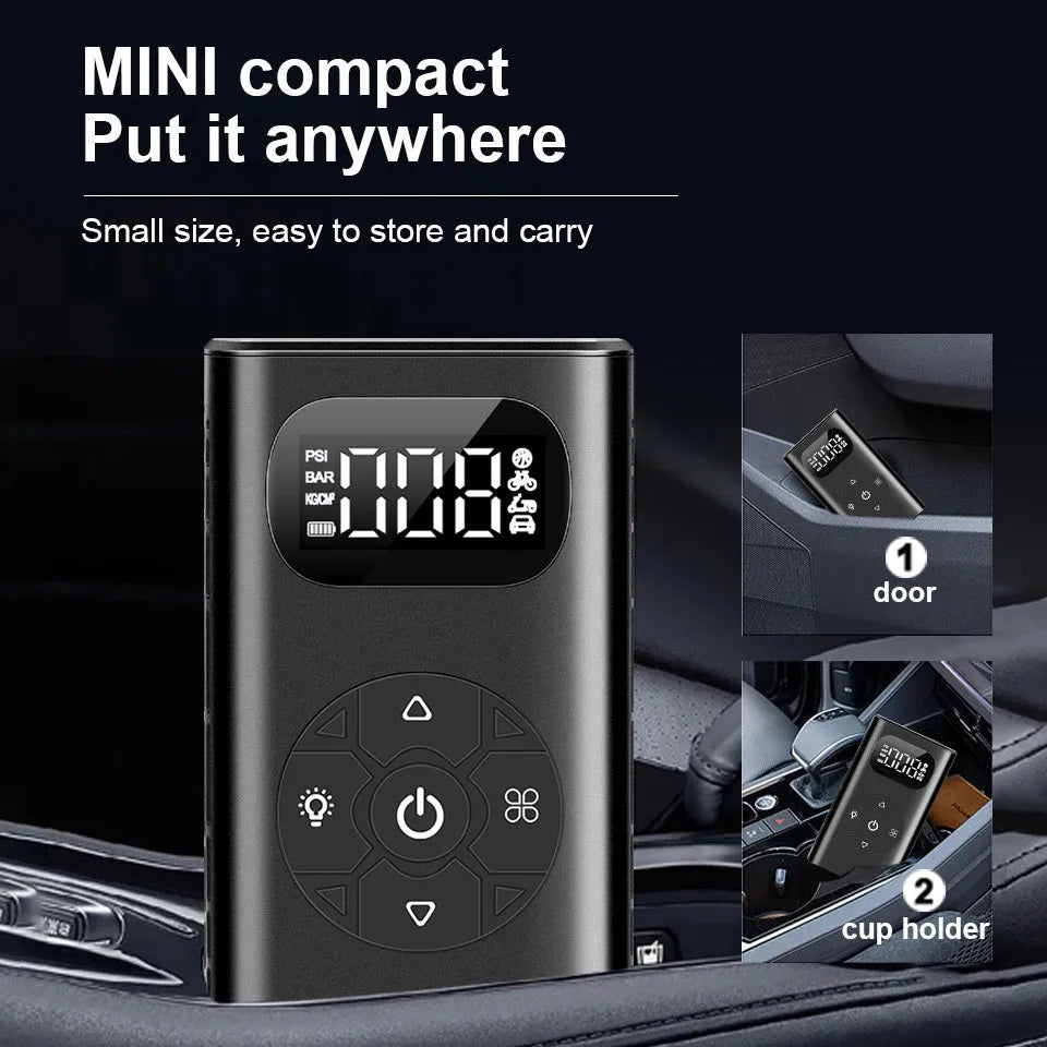 Black portable digital tyre inflator with LCD screen and flexible hose on a black aviation aluminium case.