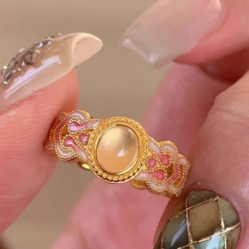 Pink crystal enamel geometric open ring on gold plated copper band for women