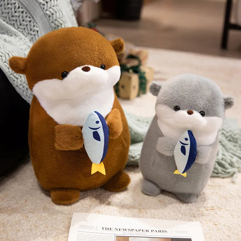Brown small otter plush doll holding a fish, 30cm height, short plush fabric