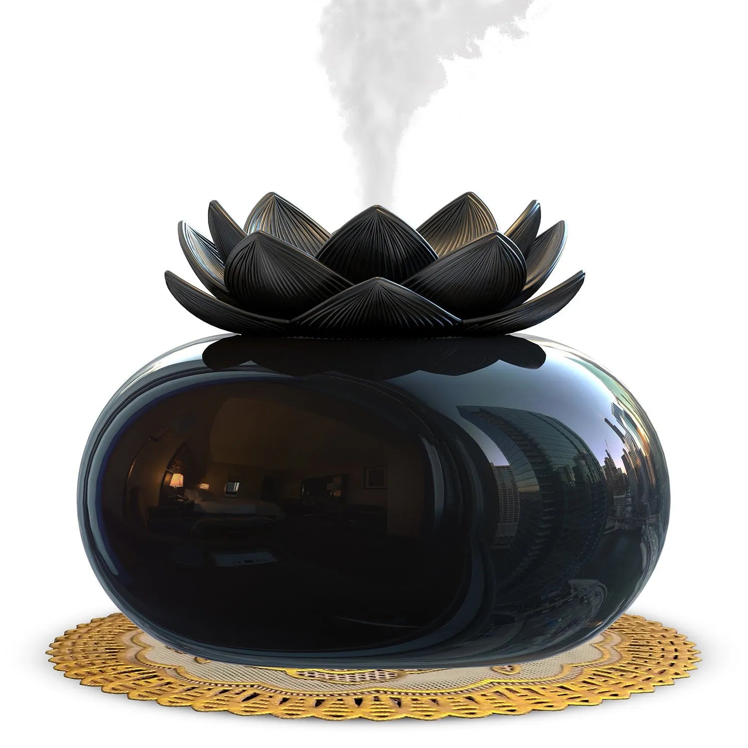 Pure black round lotus aromatherapy humidifier with USB cable connection and mechanical controls