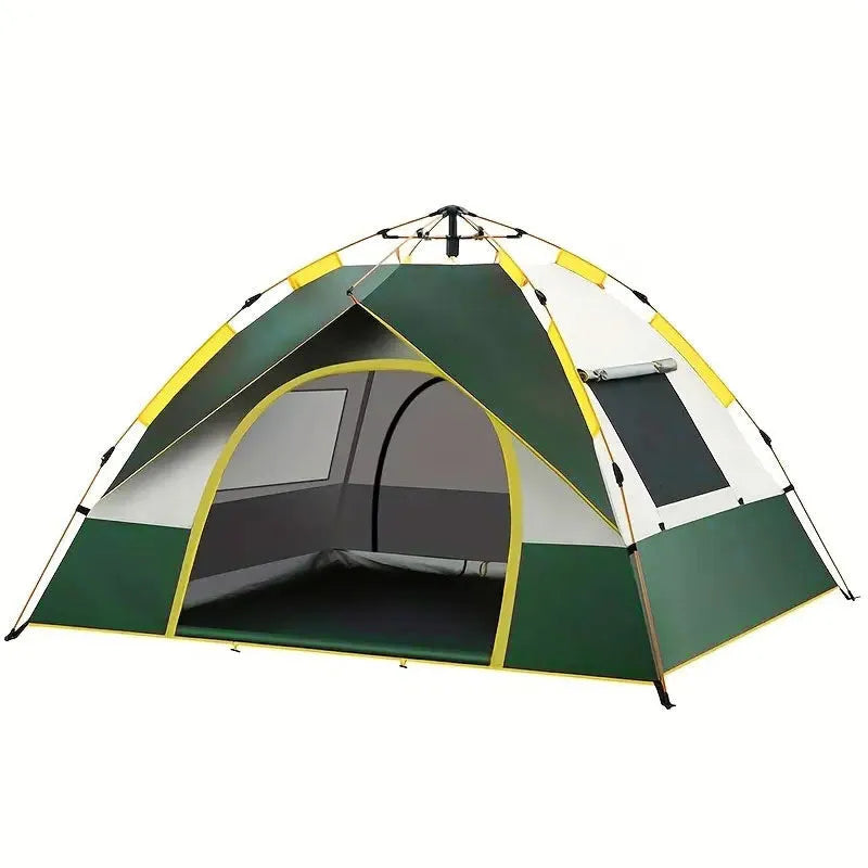 Dark green silver glue quick-open camping tent for 3-4 people pitched outdoors.
