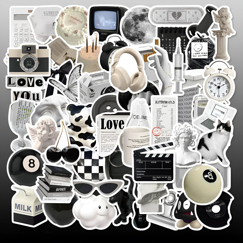 A pack of 61 black and white simple design waterproof PVC stickers for laptops and luggage.